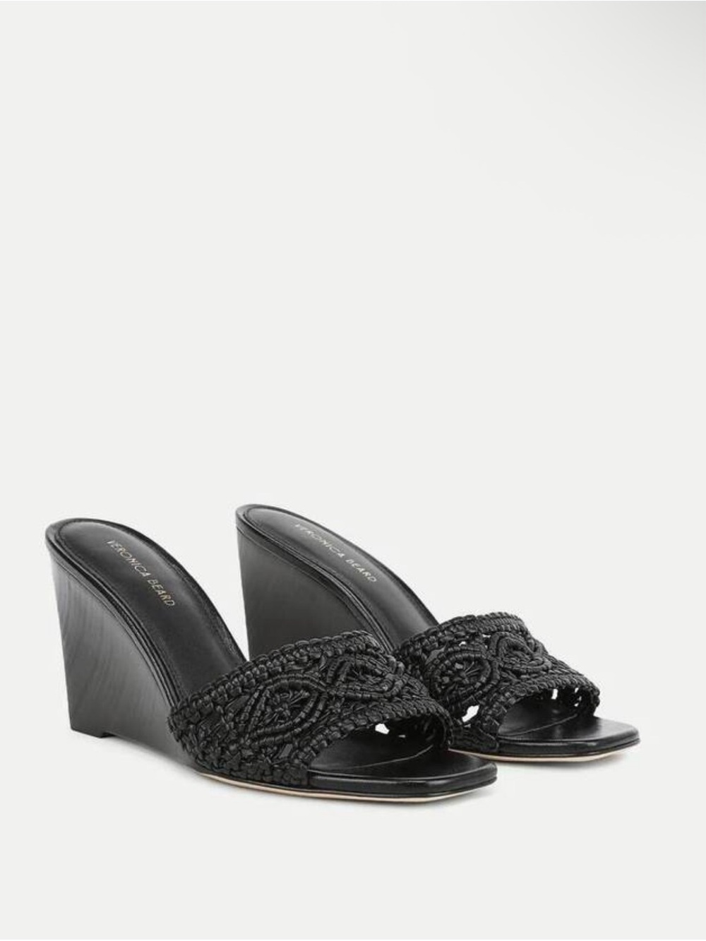 Veronica Beard Ellen Macrame Black Leather Woven Wedge Slide Heels NEW 9.5 9 1/2